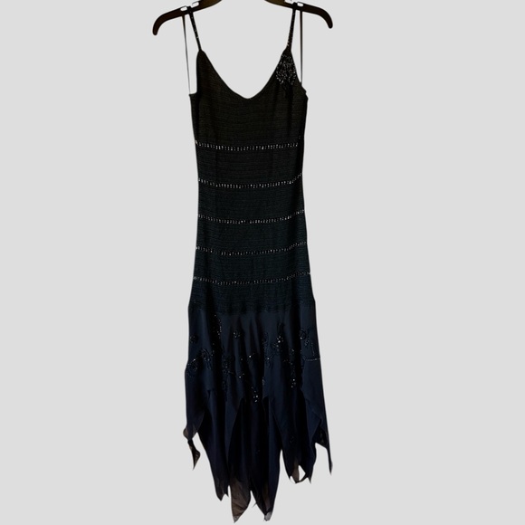 Cache Dresses & Skirts - Vintage Caché Black Crochet Beaded Dress Sz 8 Whimsigoth Y2K Asymmetrical Midi